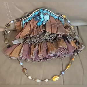 Purse MARY FRANCES “Rock My Soul” Silk chiffon Ruffles, turquoise stones, beads